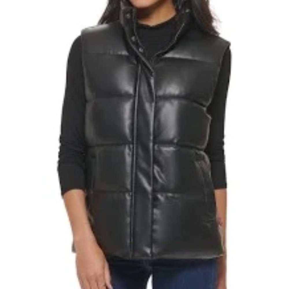 NWT Levis Black Faux Leather Puffer Vest, Size Small